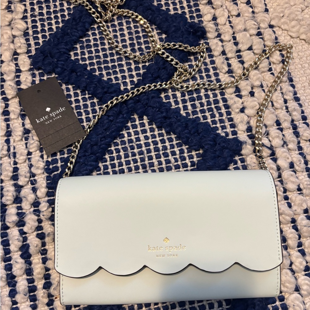 NWT Kate Space Green leather clutch purse. Chain is removable. Retail$249.00